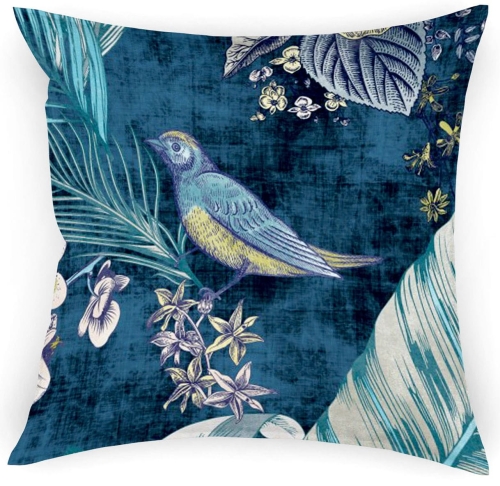 Poszewka 40x40 na Poduszki Liście Ptaki Granat | Turkus 7385