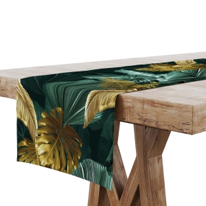 Bieżnik na Stół 40x100 Zielony Dekoracyjny Liście Złote 8267