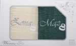 Komplet Ręczników 2szt. 70x140 Żona Mąż Ślub Rocznica Krem+Zielony C. 9427