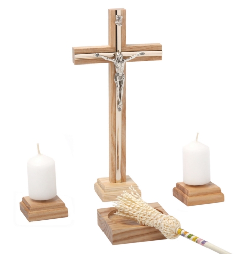 Komplet Kolędowy Drewniany Zestaw Kolędowy Jasny Brąz Krzyż Lichtarze Miseczka Kropidło