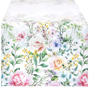 Bieżnik na Stół 40x150 Dekoracyjny Biały Kwiaty Róże 9877