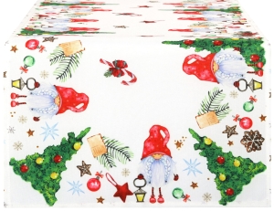Bieżnik Świąteczny na Stół 40x180 Biały Gnomy Skrzaty
