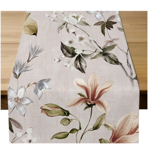 Beżowy Bieżnik na Stół Matowy 40x160 Dekoracyjny Delikatne Kwiaty