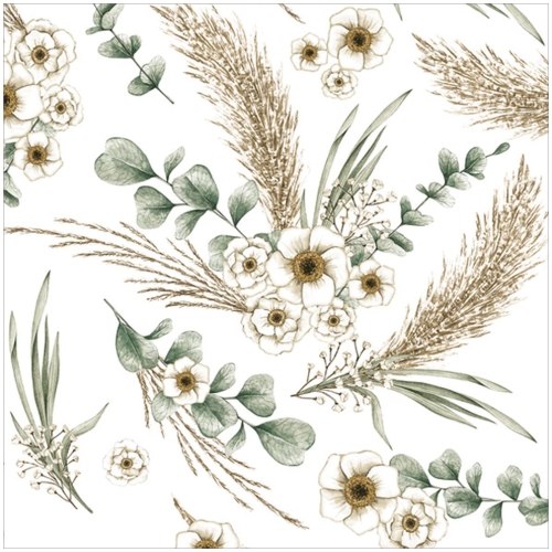 Serwetki Papierowe Złoto Zielona Aranżacja Kwiaty Kłosy Liście 20szt. 33x33cm