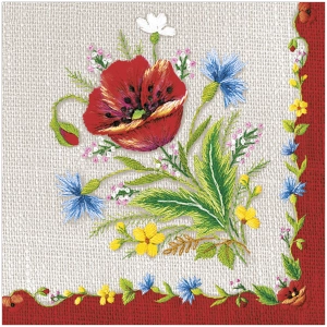 Serwetki Papierowe Haft Ludowy Maki Chabry Len 33x33cm 20szt. 3w Decoupage
