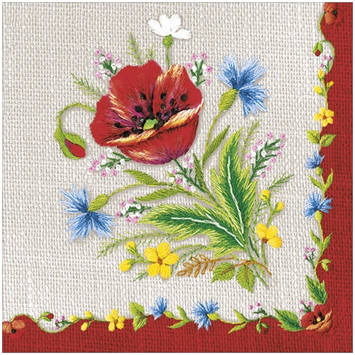 Serwetki Papierowe Haft Ludowy Maki Chabry Len 33x33cm 20szt. 3w Decoupage