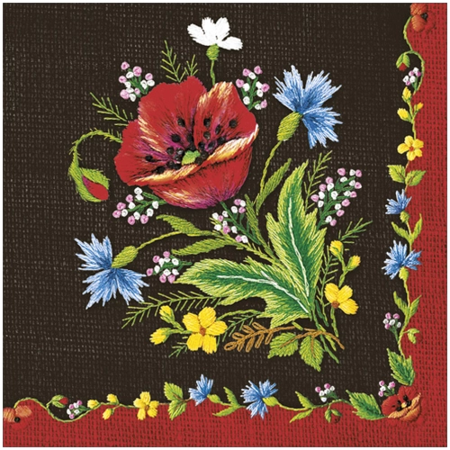 Serwetki Papierowe Haft Ludowy Maki Chabry Len Ciemne 33x33cm 20szt. 3w Decoupage