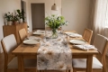 Bieżnik na Stół Welur Szyty na Wymiar Szary w Beżowe Kwiaty Przecierany